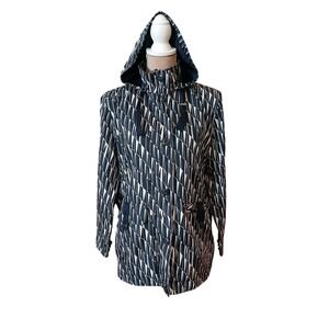 Lands End Women's Hooded Rain Jacket Geometric Print Navy White Full Zip M Pet